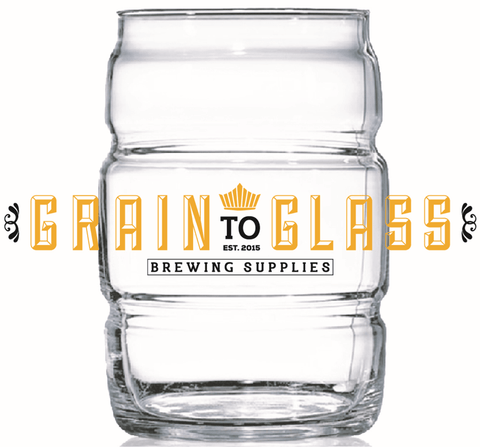 Barrel Beer Glass 15oz - G2G Logo - Grain To Glass Inc